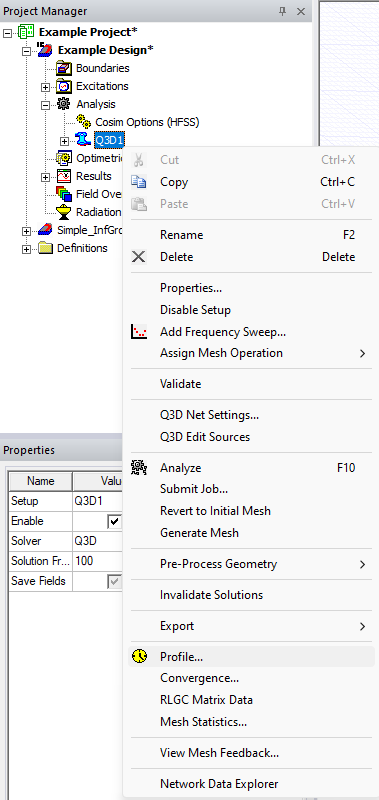 Project Manager Window > Project Tree > Active Design Folder > Analysis >Q3D1 > Profile