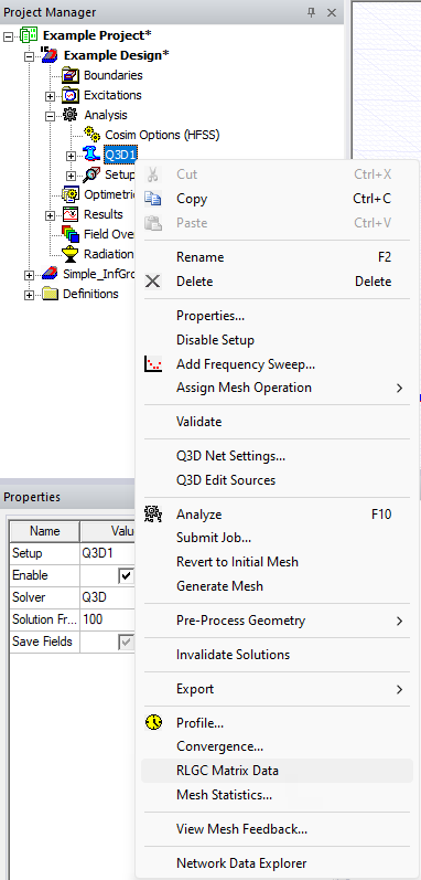 Project Manager Window > Project Tree > Active Design Folder > Analysis > Q3D1 > RLGC Matrix Data