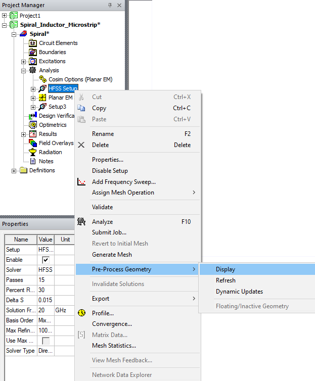 Analysis > HFSS Setup > Pre-Process Geometry > Display
