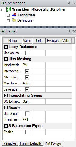 Properties Window > EM Design Tab