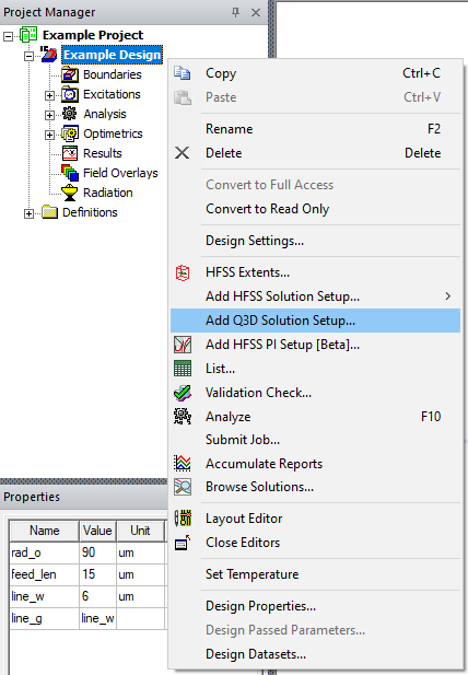 Project Manager > Project Tree > Active Design Folder > Add Q3D Solution Setup