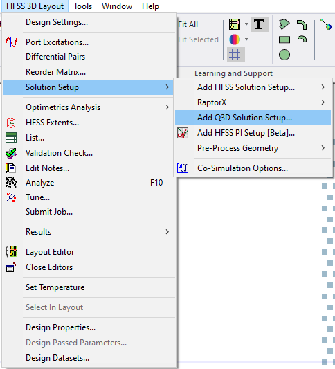 HFSS 3D Layout > Solution Setup > Add Q3D Solution Setup