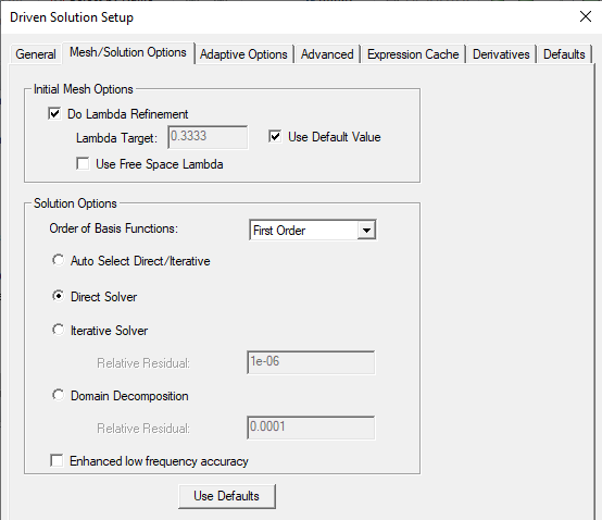 Driven Solution Setup dialog, Mesh/Solution Options tab.