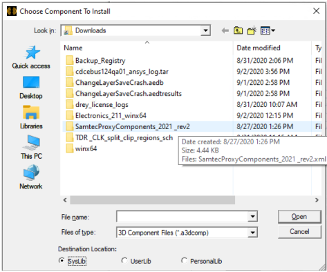 File Browser, Choose component to install dialog.
