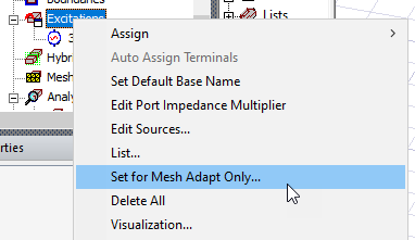 Excitations shortcut menu, Set for Mesh Adapt Only option highlighted.