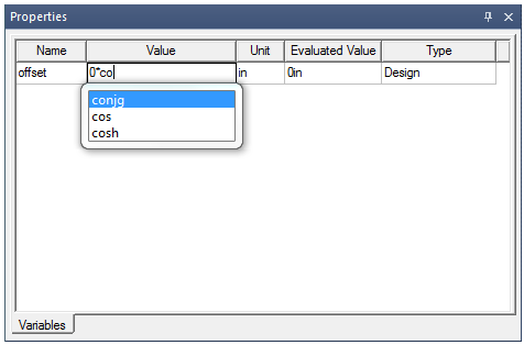 Properties window, variables tab.