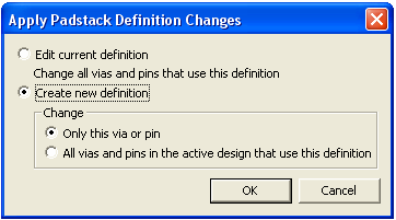 Padstack usage and definition window.