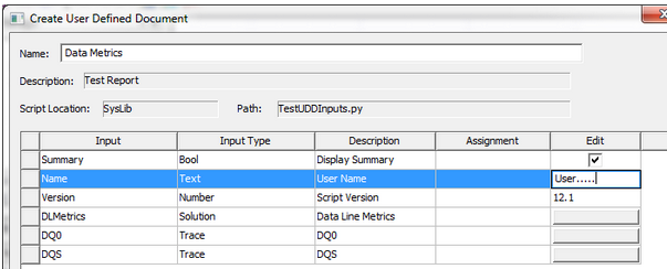 Create User Defined Document window.