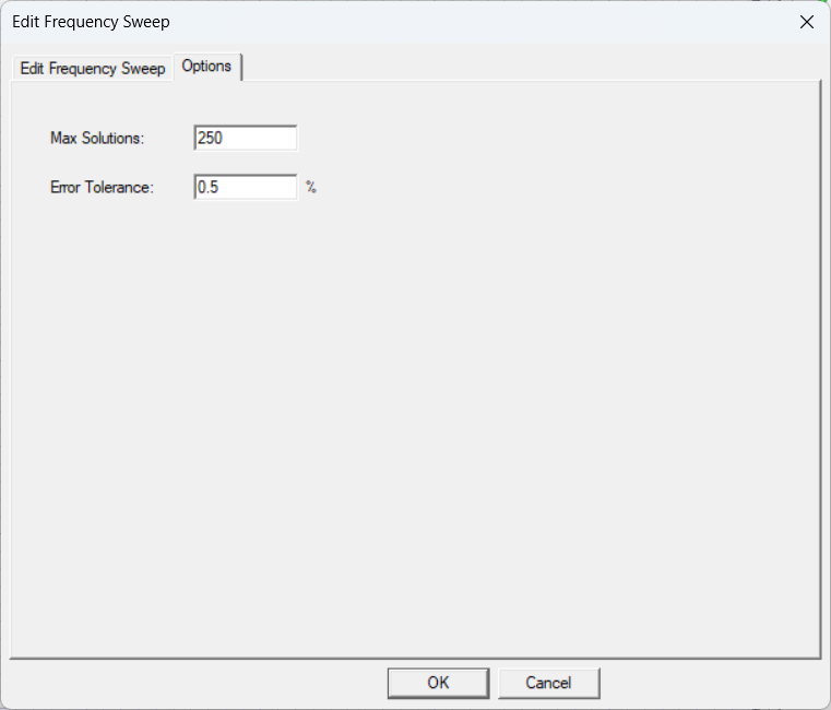 Edit Frequency Sweep Window, Options Tab