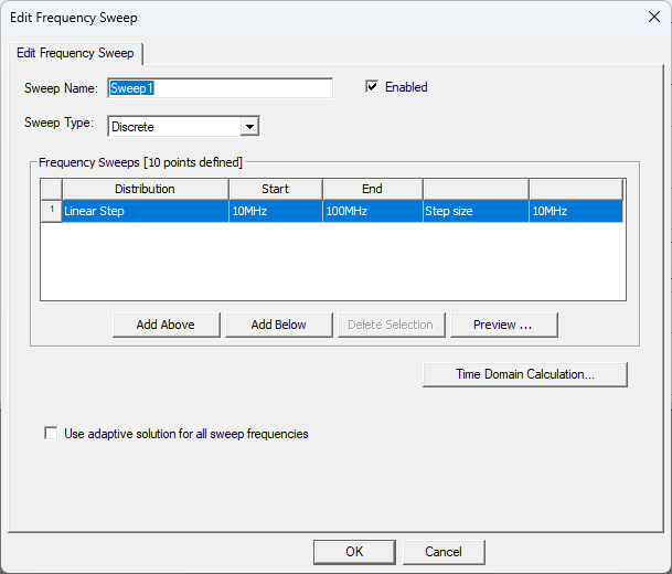 Edit Frequency Sweep Window