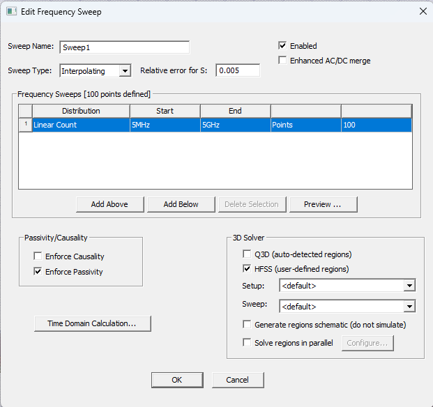 Edit Frequency Sweep Window