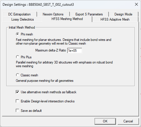 Design Settings Window > HFSS Meshing Method Tab