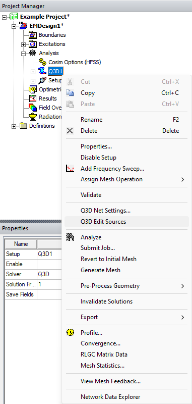 Project Manager Window > Project Tree > Active Design Folder > Analysis >Q3D1 > Q3D Edit Sources
