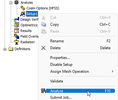 Right-click Setup menu, Analyze option highlighted.