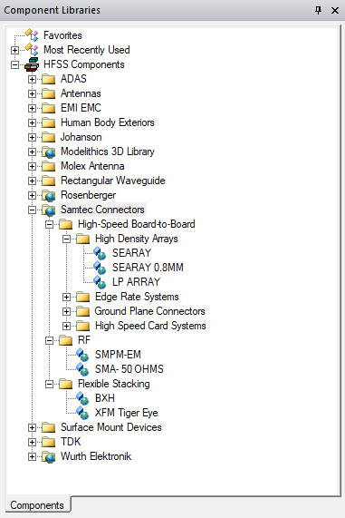 Component Libraries panel. Samtec Connectors folder expanded.