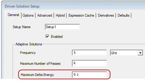 Driven Solution Setup dialog, General tab. Adaptive Solutions groupbox, Maximum Delta Energy option defined as 0.1.