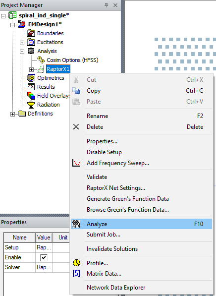 Project Manager Window > Project Tree > Active Design Folder > Analysis > RaptorX1 > Analyze