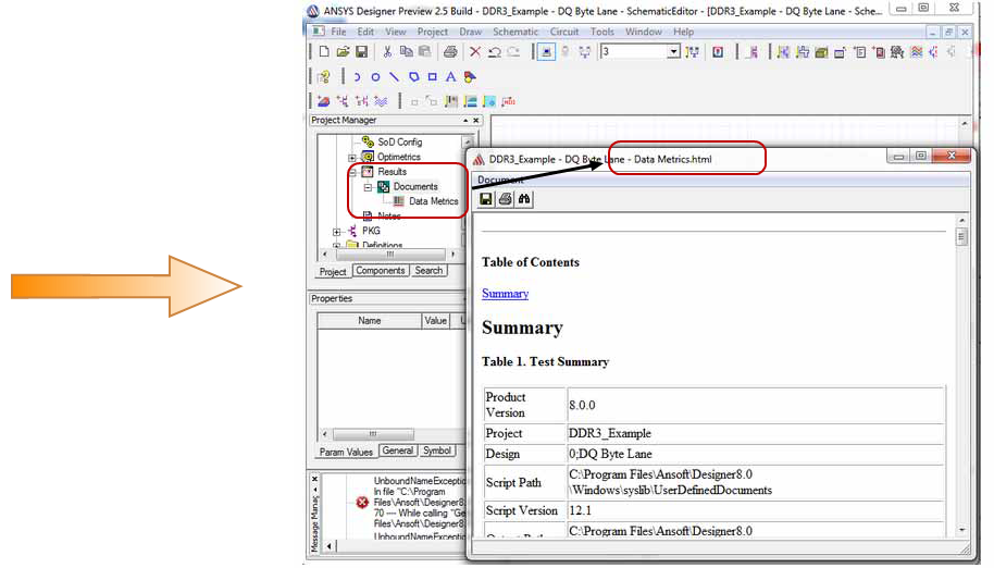 Project tree, Documents branch, Data Metrics highlighted. Data Metrics dialog box.