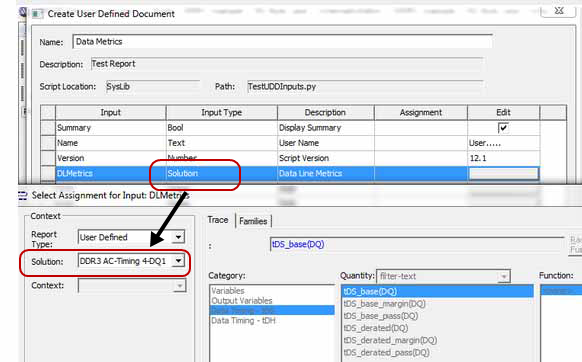 Create User Defined Document window, Input Type Solution highlighted. Selected Assignment for Input window, Solution field highlighted.