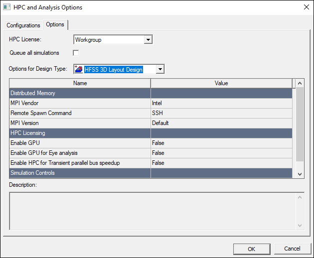 HPC Analysis Options window
