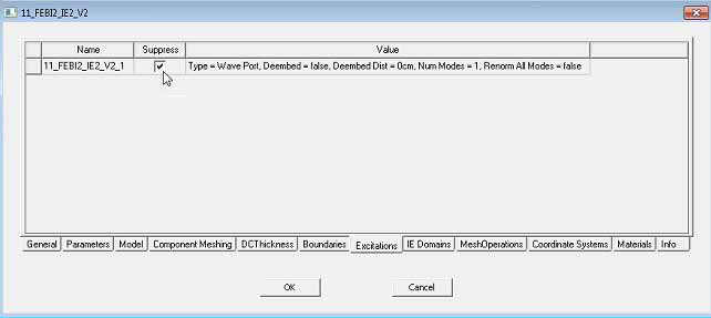 Properties window. Excitations tab.