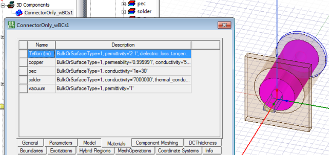3D Component properties window.