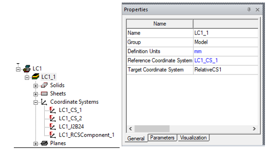 Project tree displaying component's coordinate systems. Properties window displaying coordinate systems.