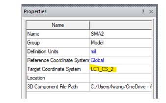 Propeties panel, target coordinate system highlighted.