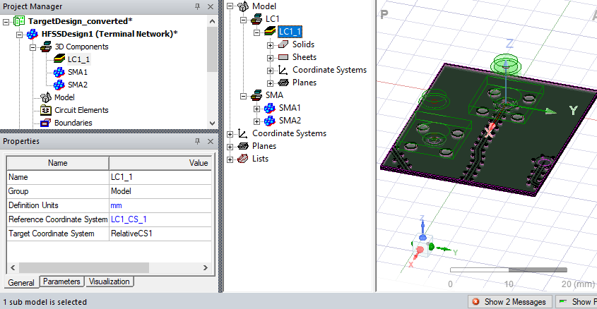 Project Manager panel. History Tree. Model viewer, selected component is highlighted.