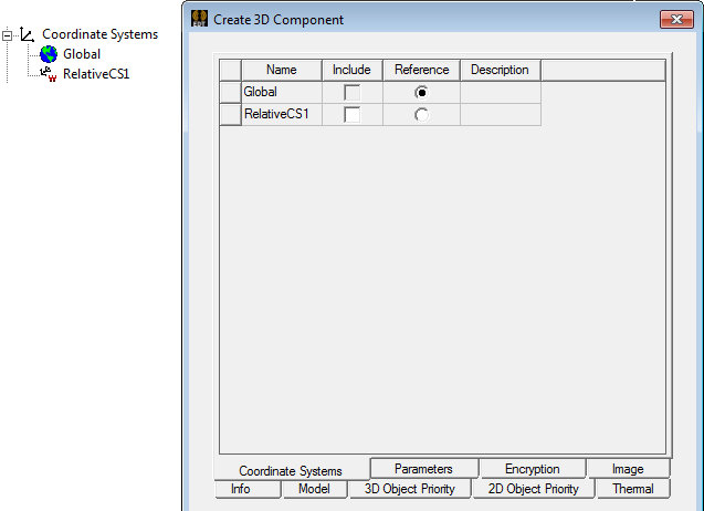 Create  3D Component dialog. Coordinate Systems tab.