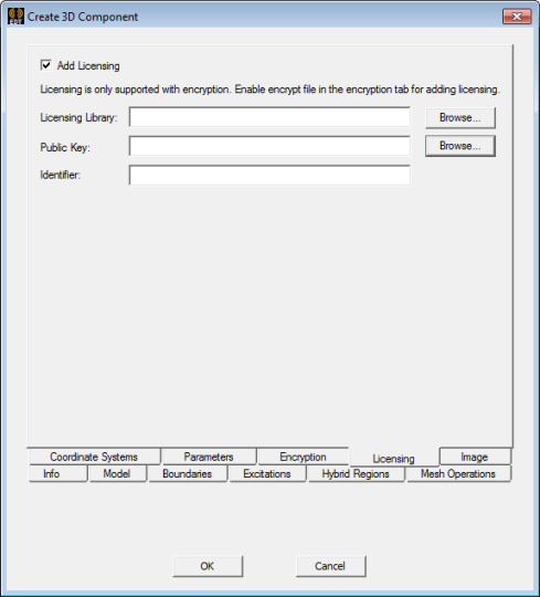 Create 3D Component dialog. Licensing tab.