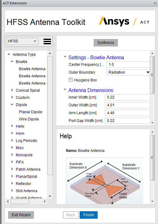 ACT Extensions Window. HFSS Antenna Toolkit open. Antenna properties listed. 