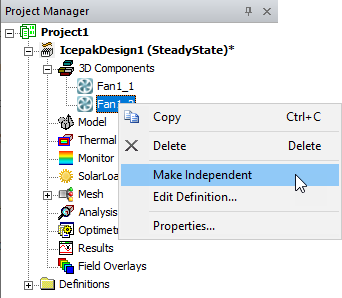 3D Component shortcut menu. Make Independant option highlighted.