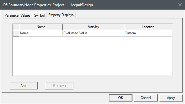 Icepak Network Boundary Node Properties dialog box, Property Displays tab displayed.