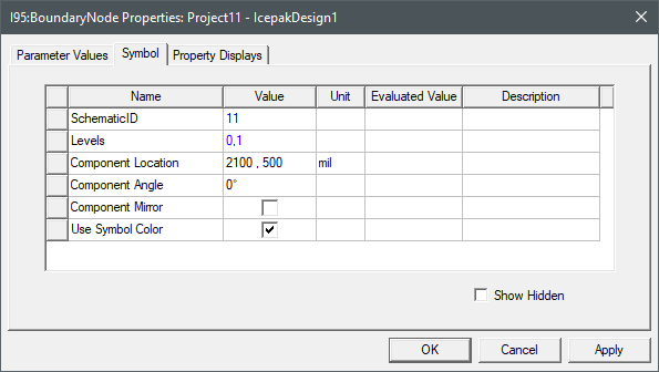 Icepak Network Boundary Node Properties dialog box, Symbol tab displayed.