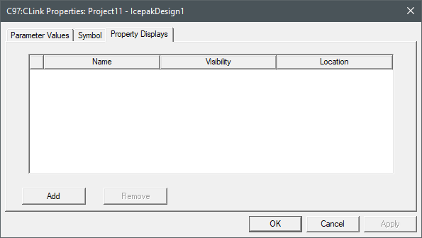 Icepak Network C Link Properties dialog box, Property Displays tab displayed.