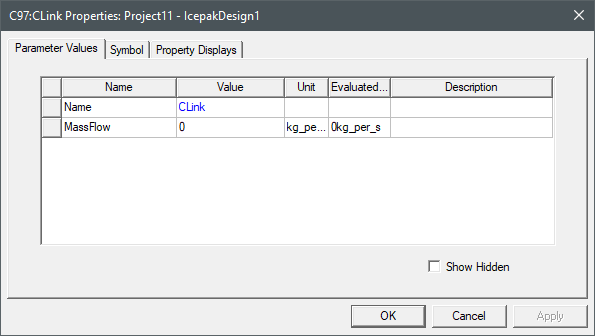 Icepak Network C Link Properties dialog box, Parameter Values tab displayed.
