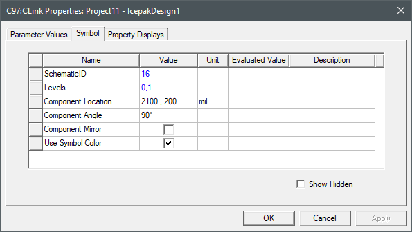 Icepak Network C Link Properties dialog box, Symbol tab displayed.