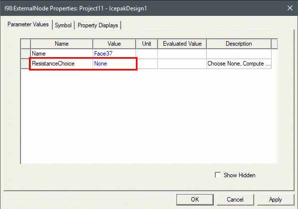 Icepak Network External Node Properties dialog box, Parameter Value tab displayed.