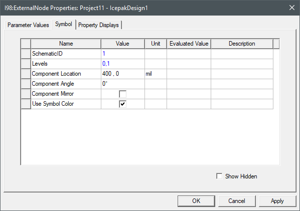 Icepak Network External Node Properties dialog box, Symbol tab displayed.