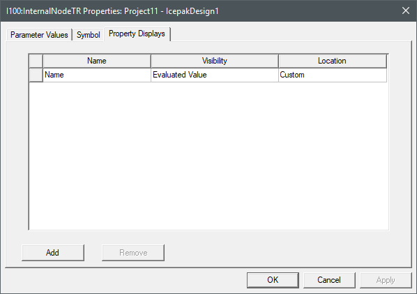 Icepak Network Internal Node Properties dialog box, Property Displays tab displayed.