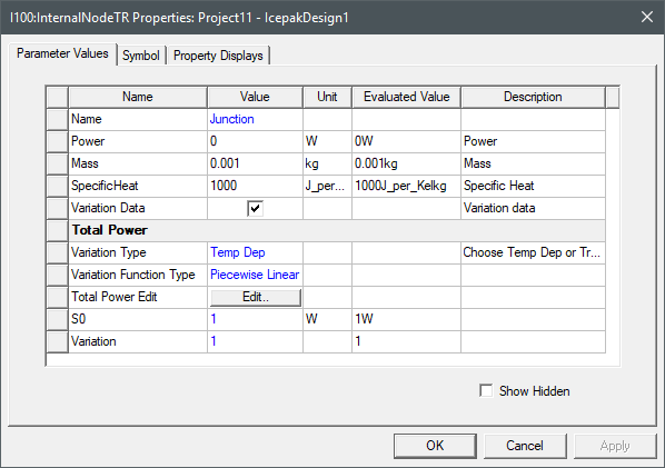 Icepak Network Internal Node Properties dialog box, Parameter Values tab displayed.