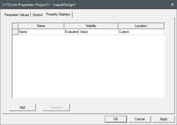 Icepak Network R Link Properties dialog box, Property Displays tab displayed.