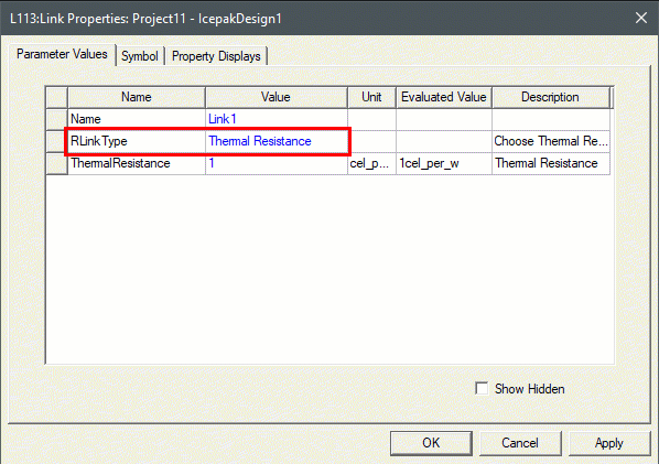 Icepak Network R Link Properties dialog box, Parameter Values tab displayed.