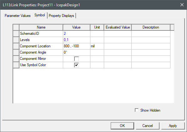 Icepak Network R Link Properties dialog box, Symbol tab displayed.
