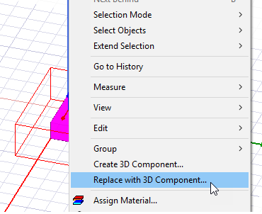 Object's right-click menu. Replace with 3D Component option highlighted.