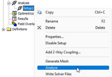 Right-click Setup menu, Analyze option highlighted.