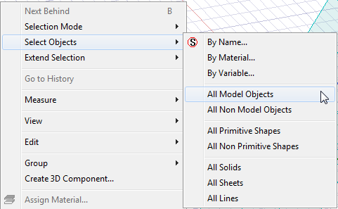 Select Objects submneu expanded, All Model Objects highlighted.