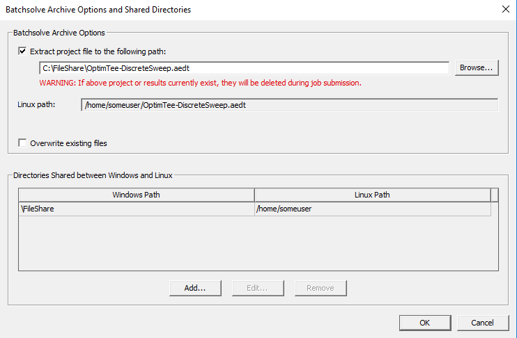 Batchsolve Archive Options and Shared Directories window. Warning Message displayed.
