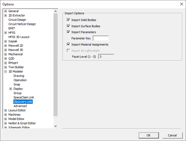 The Tools Options General options window with 3D Modeler Discovery Link displayed